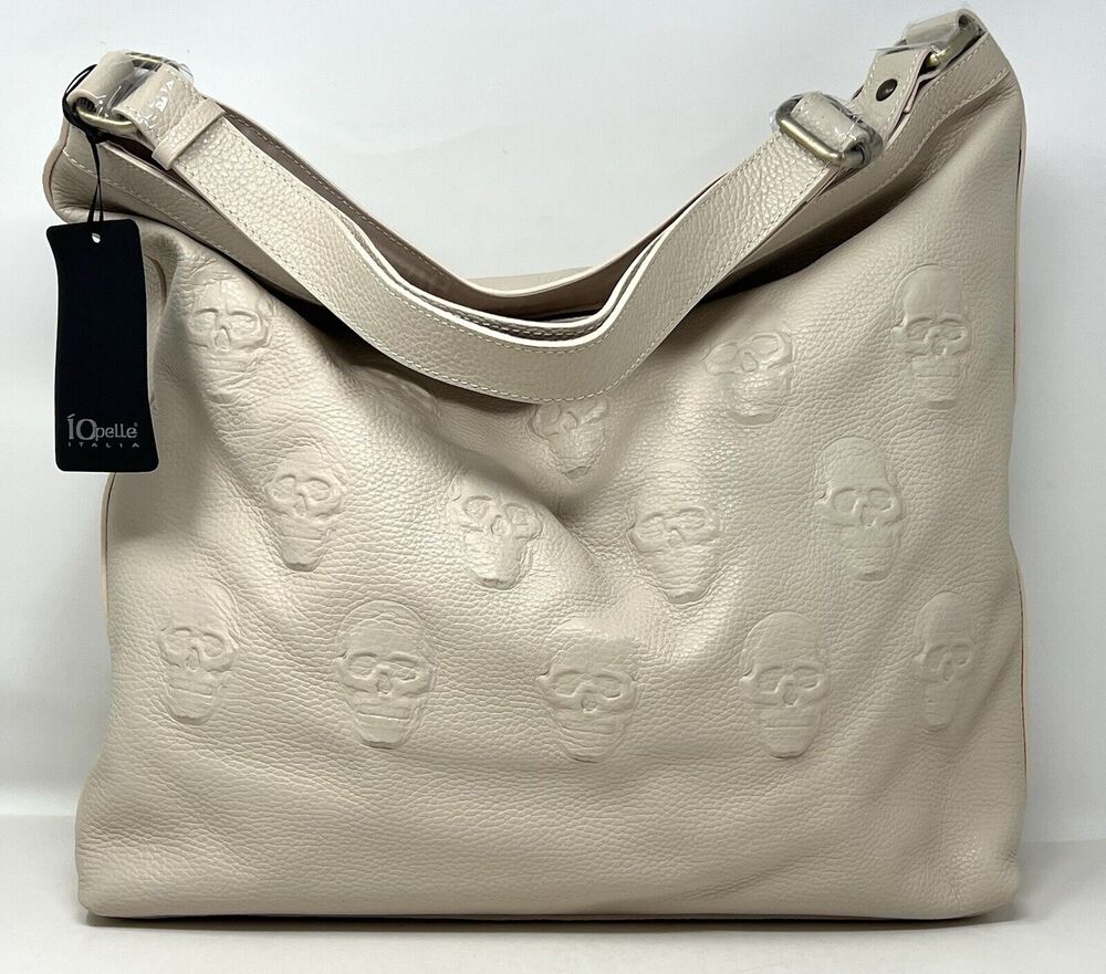 IO PELLE Italia Skull Hobo Shoulder Bag Embossed LATTE Leather SLOUCHY Crossbody